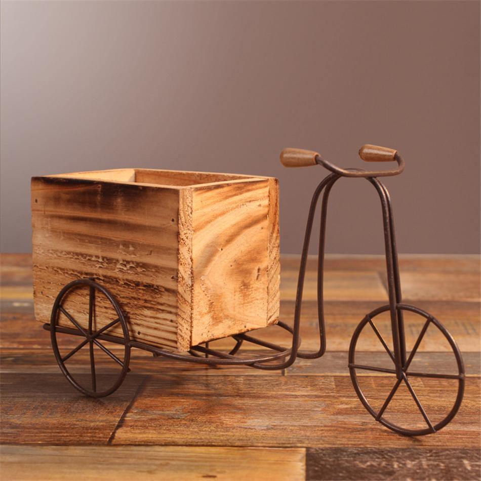 Wrought Iron Tricycle with Wooden Planter Stand